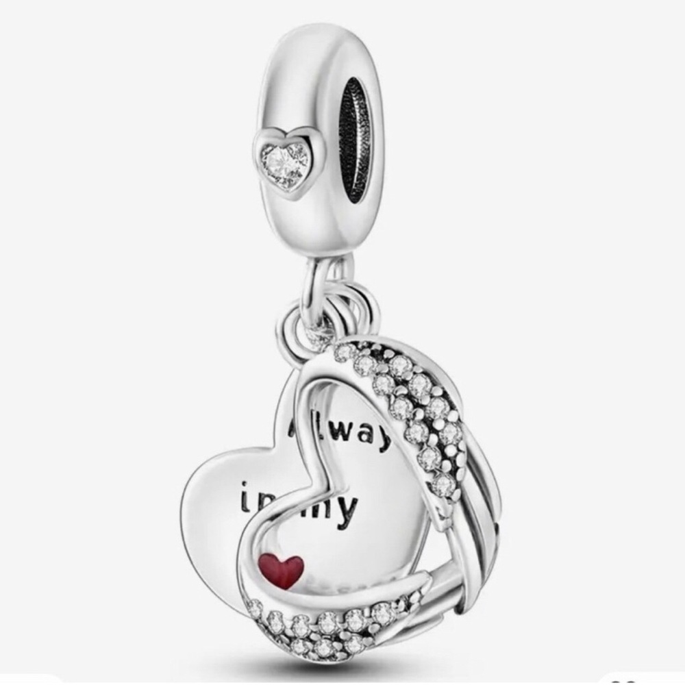Sterling Silver Heart Dangle Charm with Red Accent